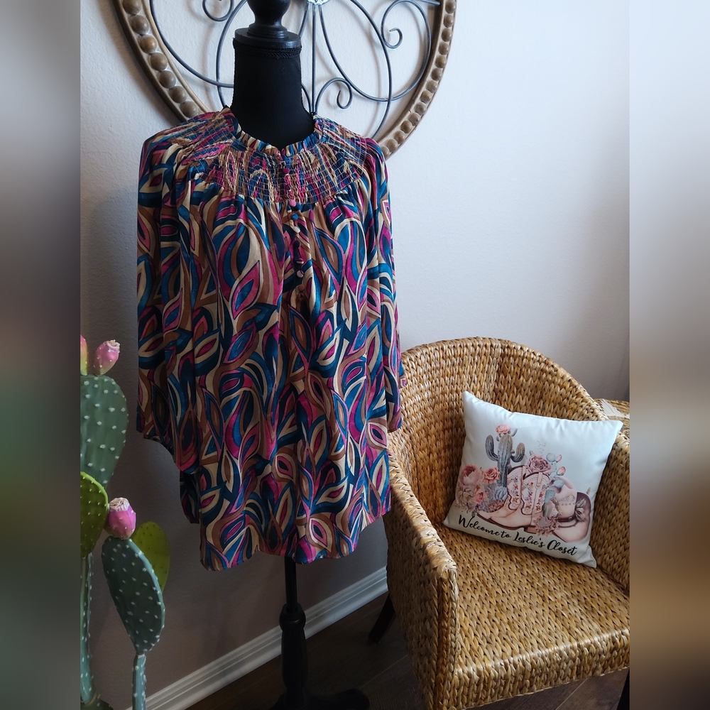 Investments Multicolor Leaf-Print Smocked-Neck Blouse - Picture 2 of 11